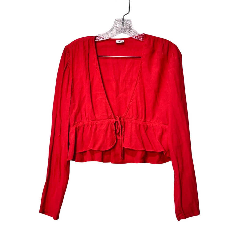 SUNDAY BEST Red Cropped Peplum Tie‎ Front Long Sleeve Blouse Women's Size M